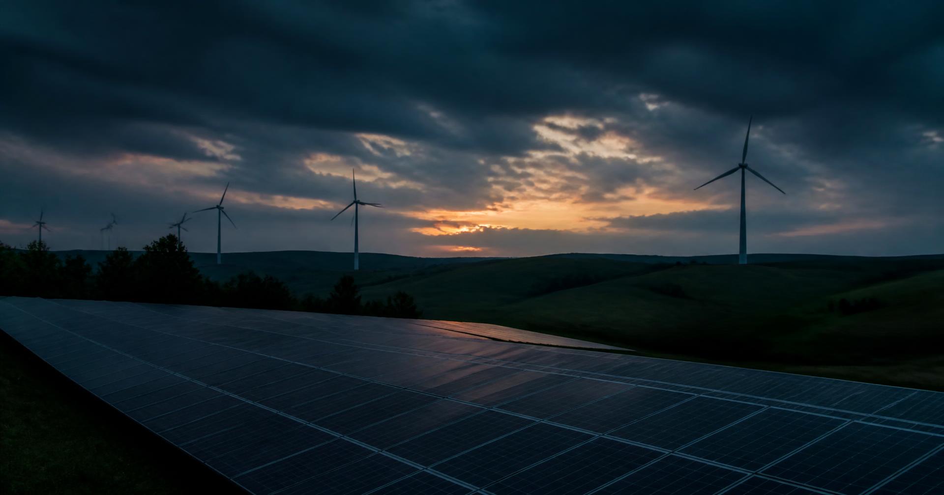 Solar panels and wind turbines at dusk