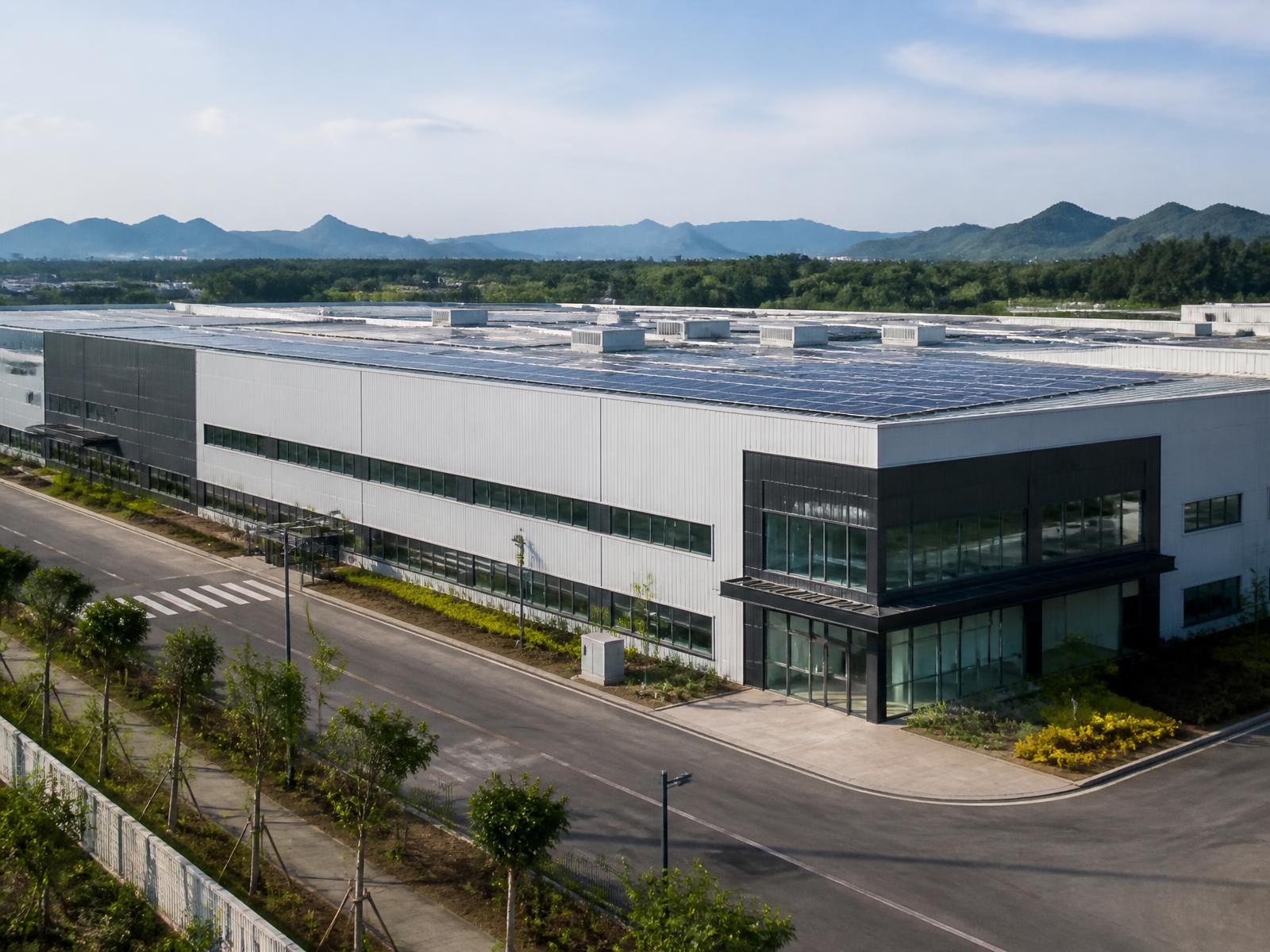 Sustainable manufacturing facility with rooftop solar panels