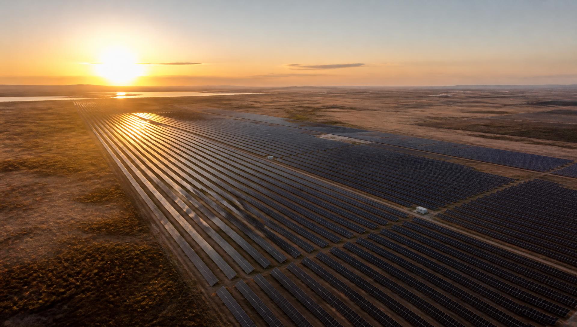 Utility-scale solar farm at sunset